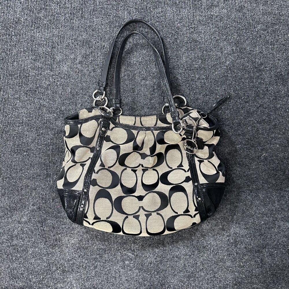 Coach Logo C Alexandria Shoulder Bag Black Beige Leather Zip Closure Designer